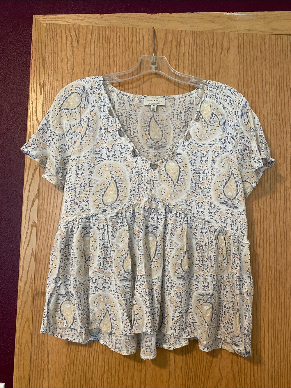 Lucky Brand Light Blue and Cream Peplum Top